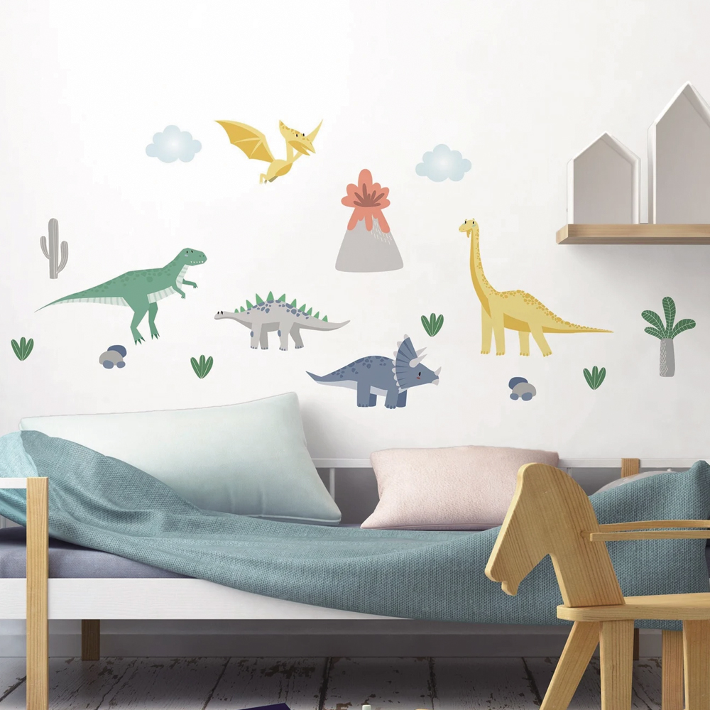 北欧ins男孩房墙壁儿童房卧室不透明卡通恐龙宝宝布纹自粘贴画