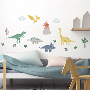 北欧ins男孩房墙壁儿童房卧室不透明卡通恐龙宝宝布纹自粘贴画