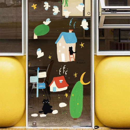 原创手绘ins猫咪装饰玻璃贴纸画水彩房子云朵飞鸟元素静电不留胶