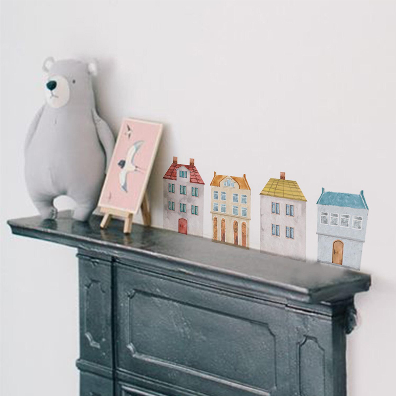 北欧ins水彩房子卡通墙贴贴纸不透遮瑕儿童房卧室墙面装饰贴画纸