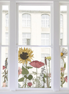 向日葵店铺橱窗玻璃门贴纸紫色鲜花装饰服装门店窗花贴画静电贴