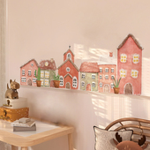 北欧儿童房绘本风墙贴田园房子插画可爱装 饰幼儿园不透明布纹贴纸