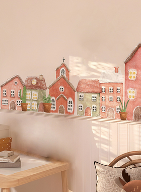 北欧儿童房绘本风墙贴田园房子插画可爱装饰幼儿园不透明布纹贴纸