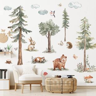 饰可爱风背景 北欧ins卡通森林可爱小动物墙贴儿童卧室客厅装