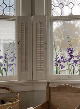 复古花卉紫色风铃草玻璃门透明双面静电无胶窗花贴装饰免胶静电贴