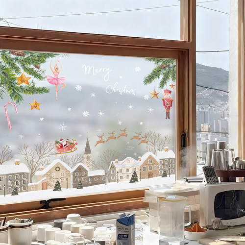 北欧ins风圣诞双面无胶玻璃门咖啡馆奶茶店网红店静电布置窗贴