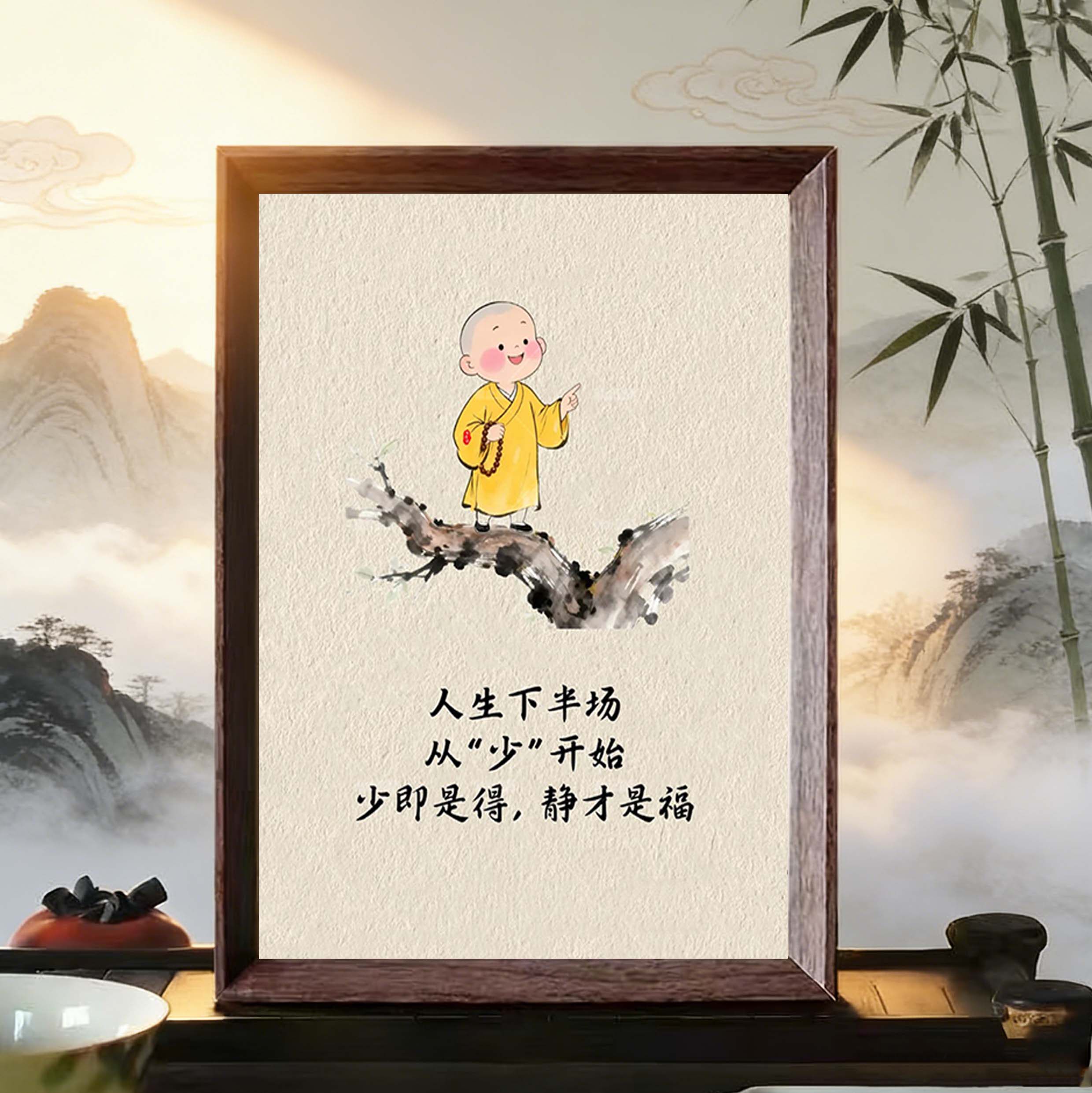 小和尚少即是得静才是福人生哲理相框桌面摆台装饰画家庭玄关摆件