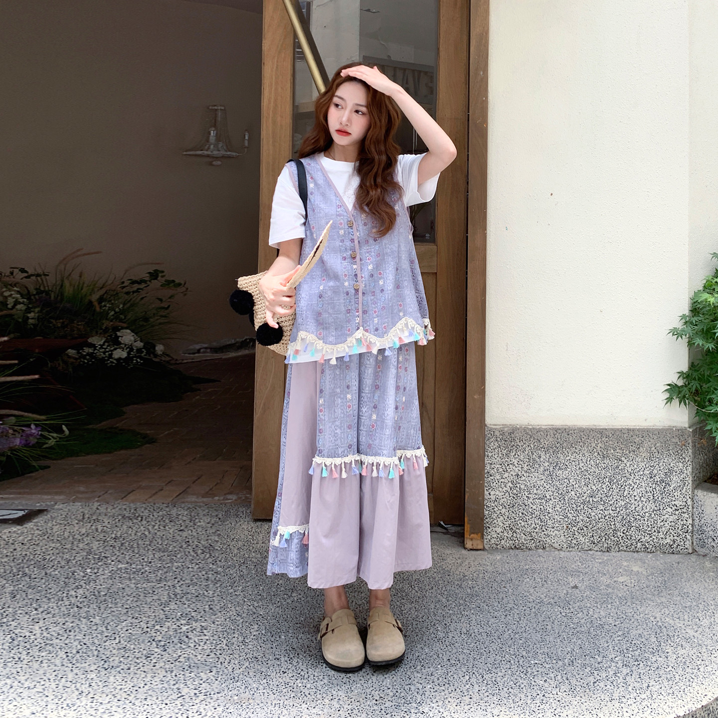 紫色设计感马甲套装裙女2025年夏季新款内搭T恤背心半身裙三件套