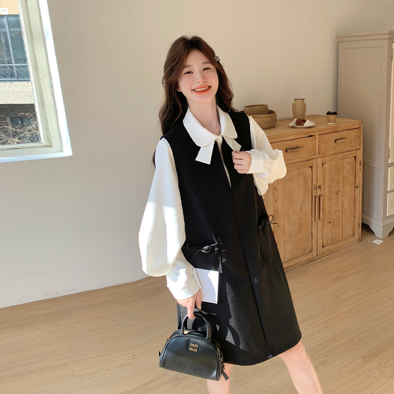 黑色蝴蝶结背心连衣裙套装女2025春新款小个子气质减龄衬衫两件套