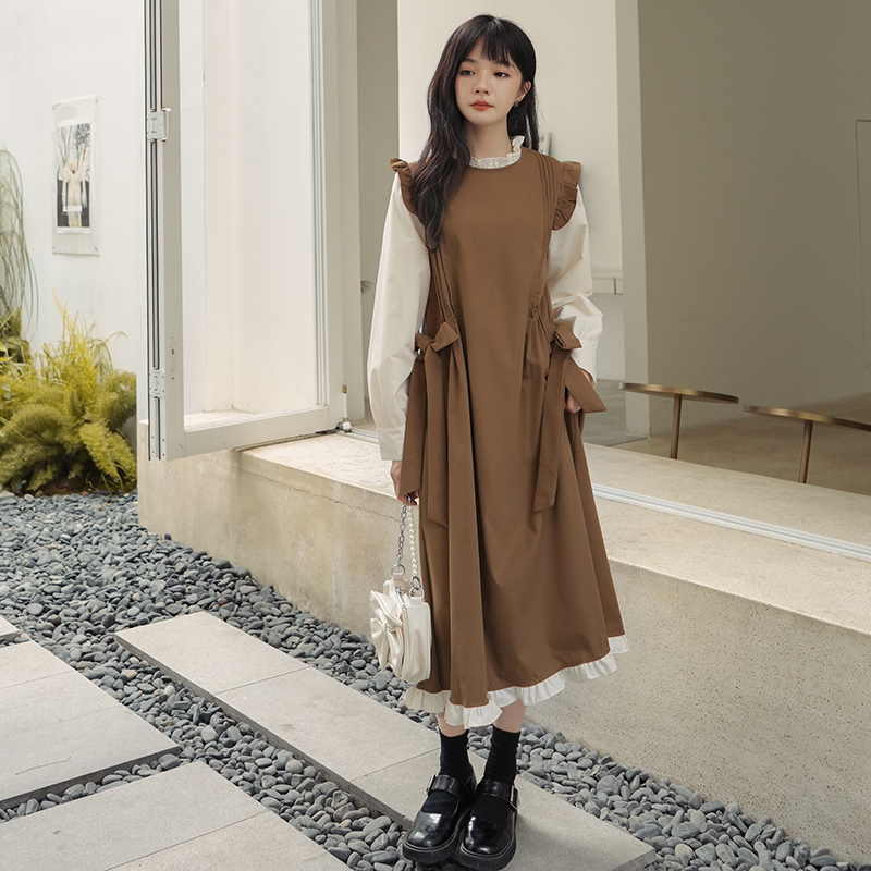 法式假两件拼接长袖连衣裙女春季2025新款高级感时尚宽松休闲长裙