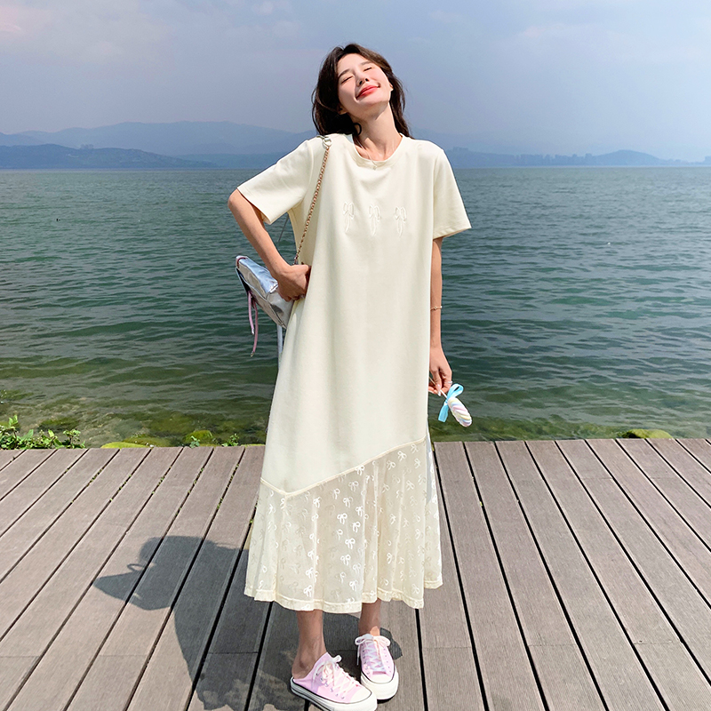 米白色假两件拼接连衣裙女夏2025新款温柔风绝美高级感休闲t恤裙