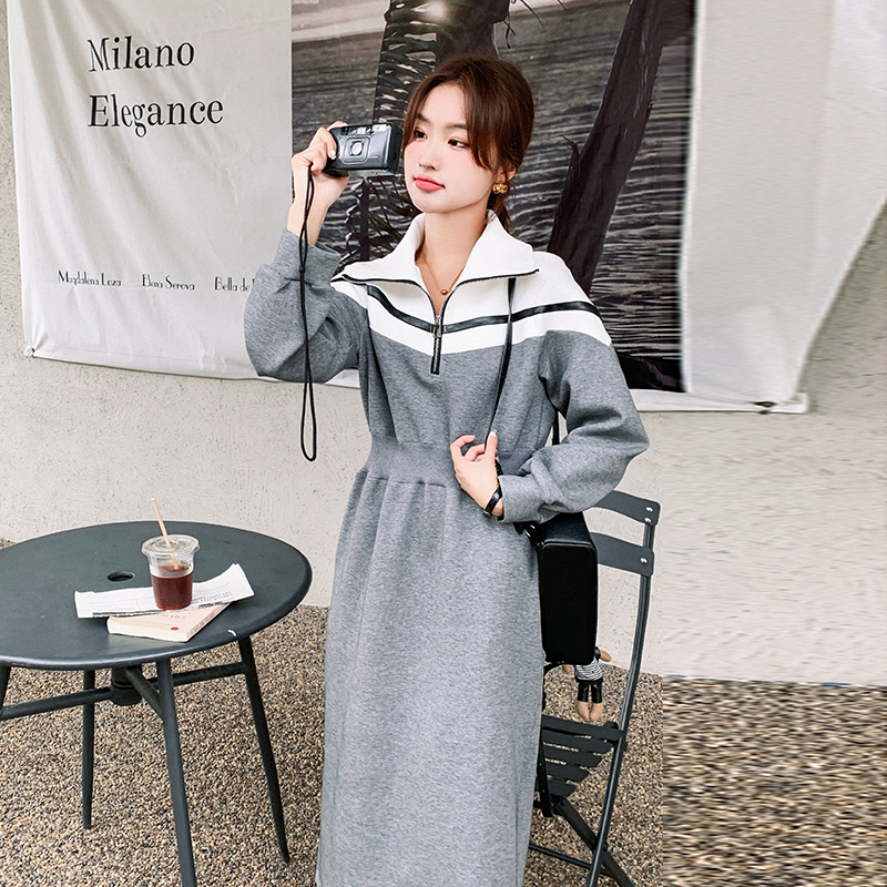 设计感长袖灰色卫衣裙女2025春季新款高级感小个子收腰显瘦连衣裙
