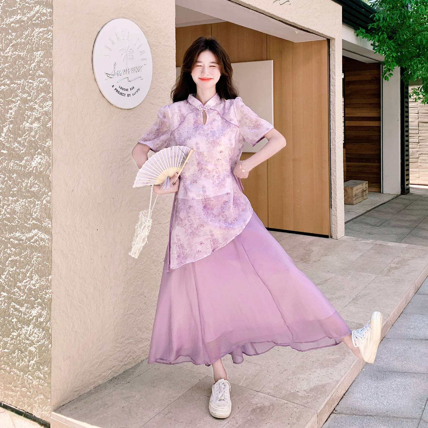 紫色新中式国风套装女2025年夏季新款高级感旗袍上衣半身裙两件套