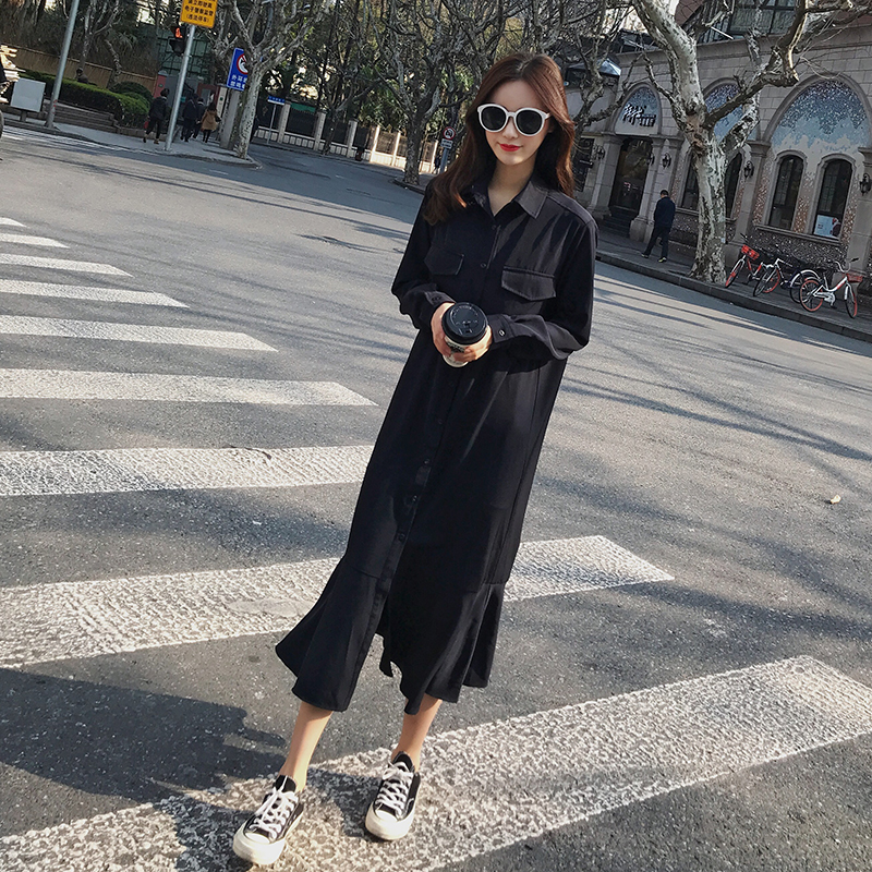 黑色鱼尾衬衫长袖连衣裙女春季2025新款高级感冷淡风显瘦法式长裙