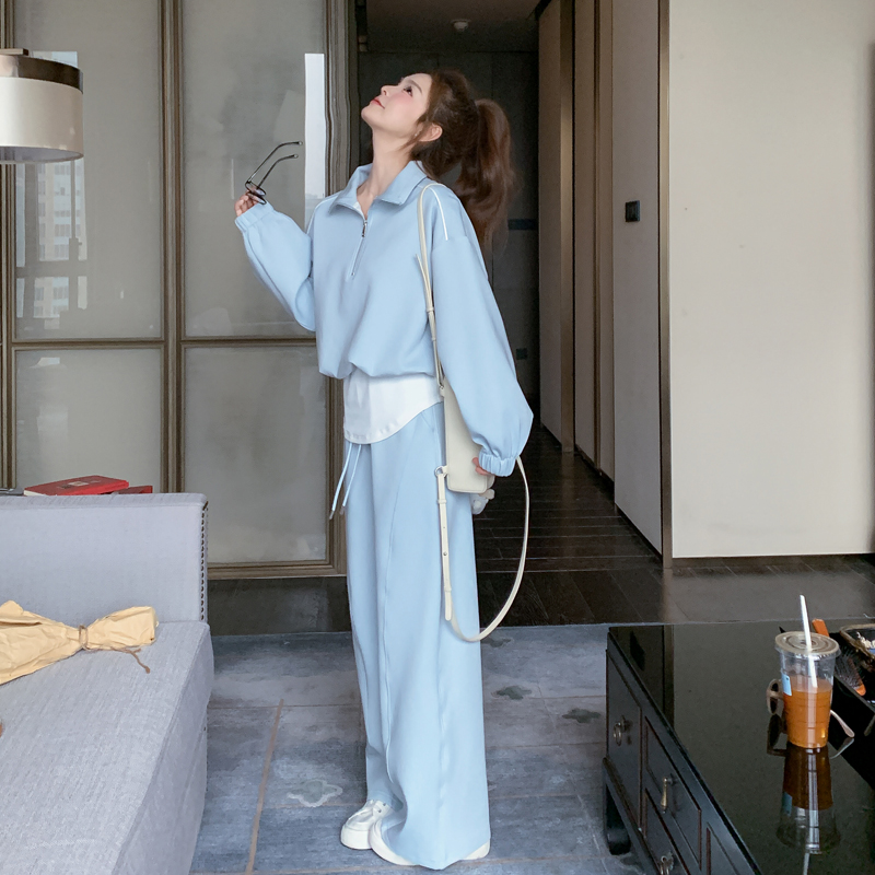 蓝色运动休闲套装女2025春季新款高级感开春穿搭卫衣阔腿裤两件套