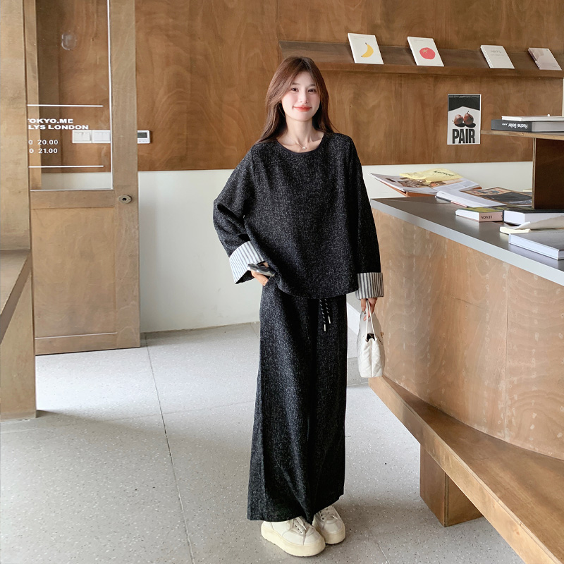 高级感黑色时尚套装女2025春新款小个子宽松显瘦上衣阔腿裤两件套