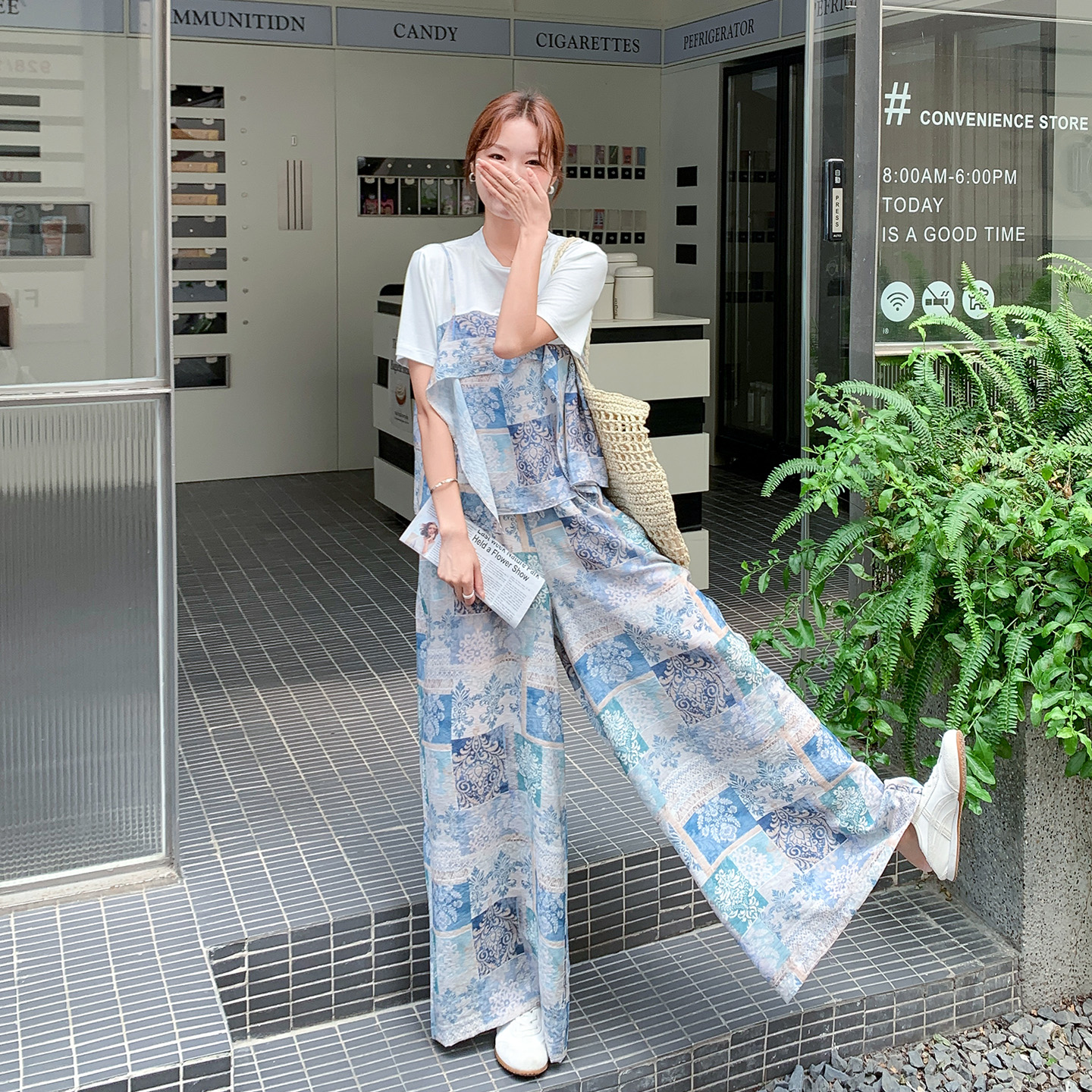 法式假两件印花T恤套装女2025年夏季新款气质高级感阔腿裤两件套