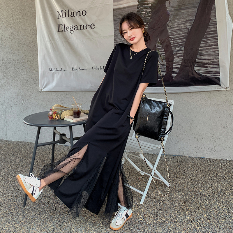 巨好看黑色网纱拼接连衣裙女2025夏新款高级感绝美赫本风t恤裙子