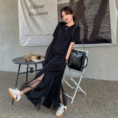 巨好看黑色网纱拼接连衣裙女2025夏新款高级感绝美赫本风t恤裙子