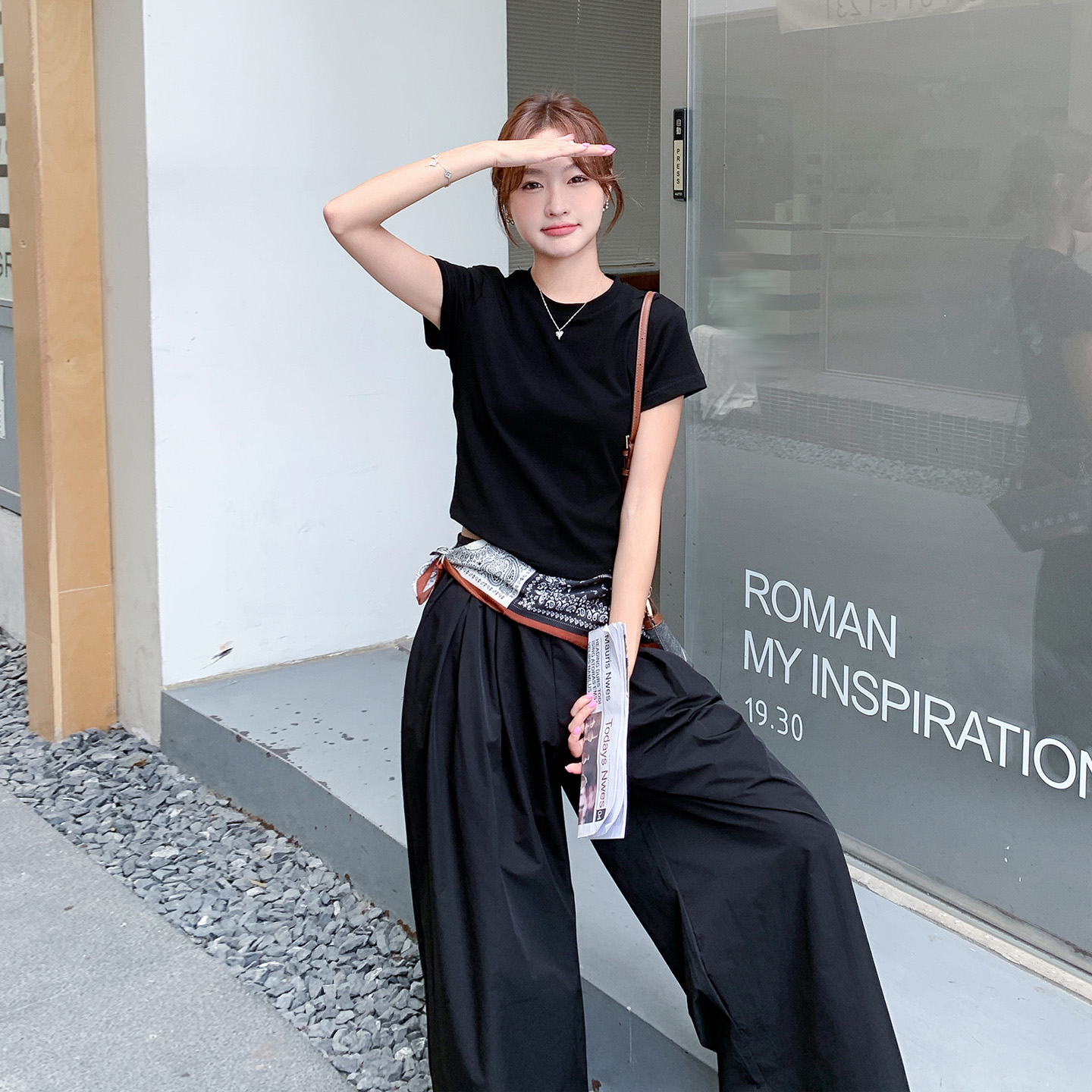 黑色韩系休闲套装女2025夏新款时尚气质显瘦短袖T恤阔腿裤两件套