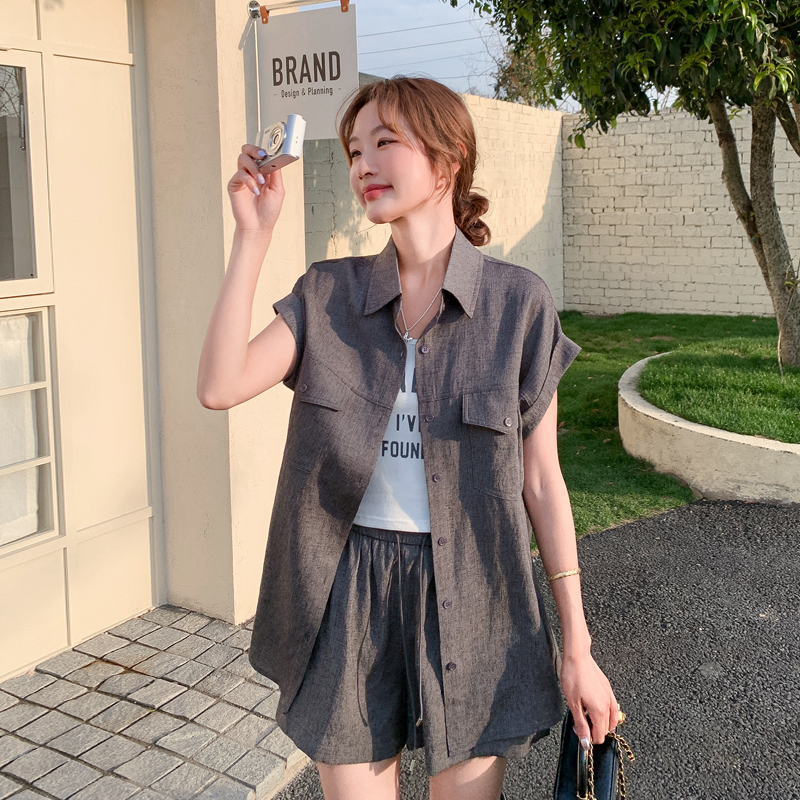 灰色韩系工装衬衫套装女2025年夏季新款小个子时尚休闲短裤两件套
