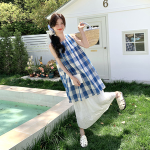 蓝色复古格子背心套装女2025夏季新款超好看蕾丝拼接半身裙两件套