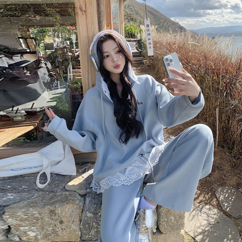 蓝色连帽休闲卫衣套装女2025年春季新款韩系超好看开春穿搭一整套
