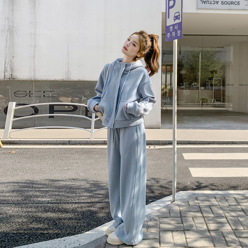 蓝色休闲卫衣套装女2025春季新款学院风超好看小个子阔腿裤两件套