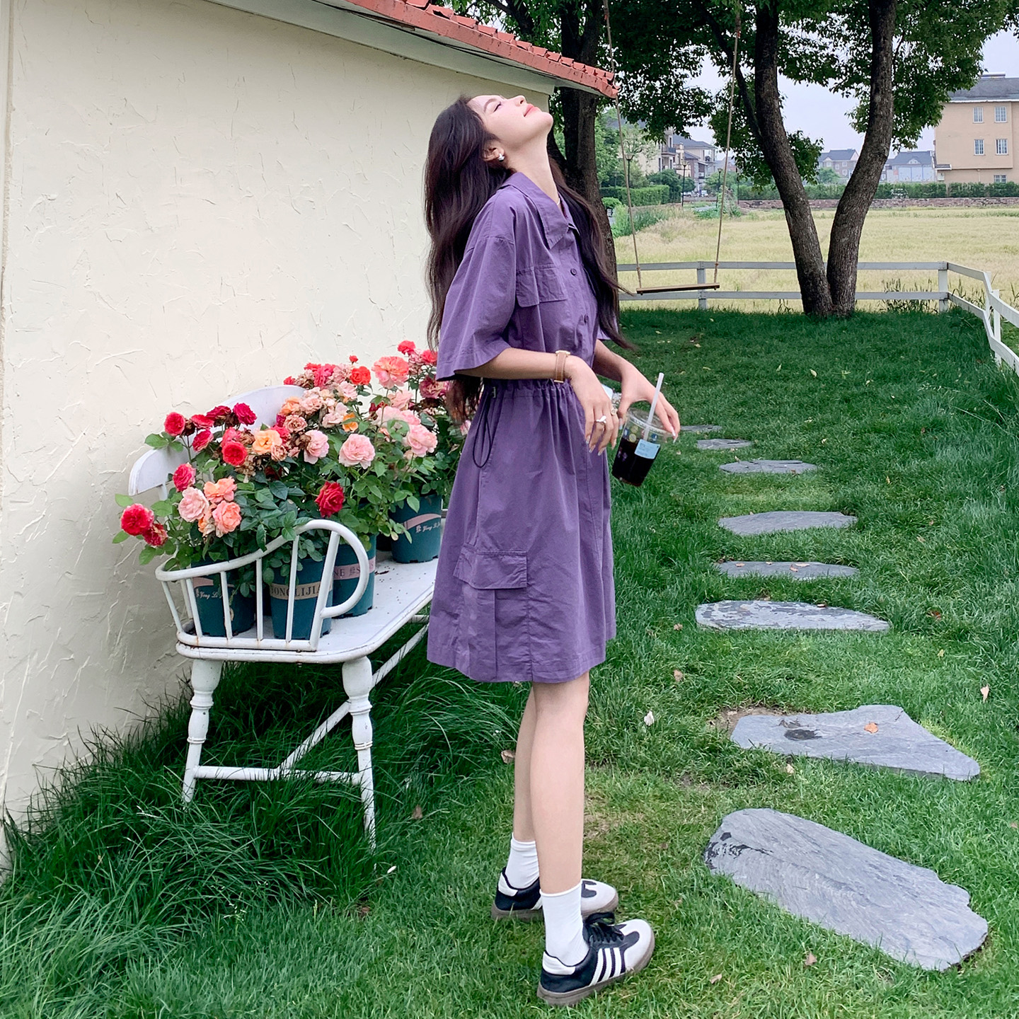 紫色工装连衣裙女2025夏新款韩系休闲风气质收腰显瘦小个子衬衫裙