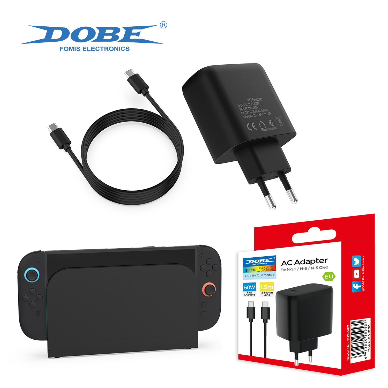 Switch2主机欧规快充火牛充电器通用Switch/OLED主机60W充电器