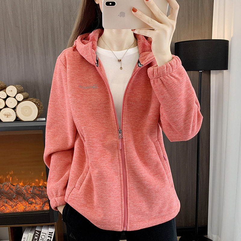 秋冬女户外连帽抓绒衣拉链摇粒绒保暖外套休闲加绒加厚卫衣349737