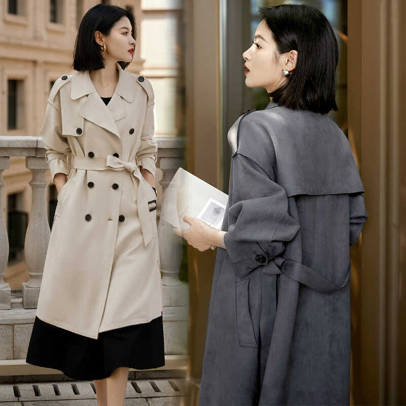 妃秘中長款風(fēng)衣女外套系帶2025新款英倫風(fēng)秋季大衣休閑翻領(lǐng)雙排扣