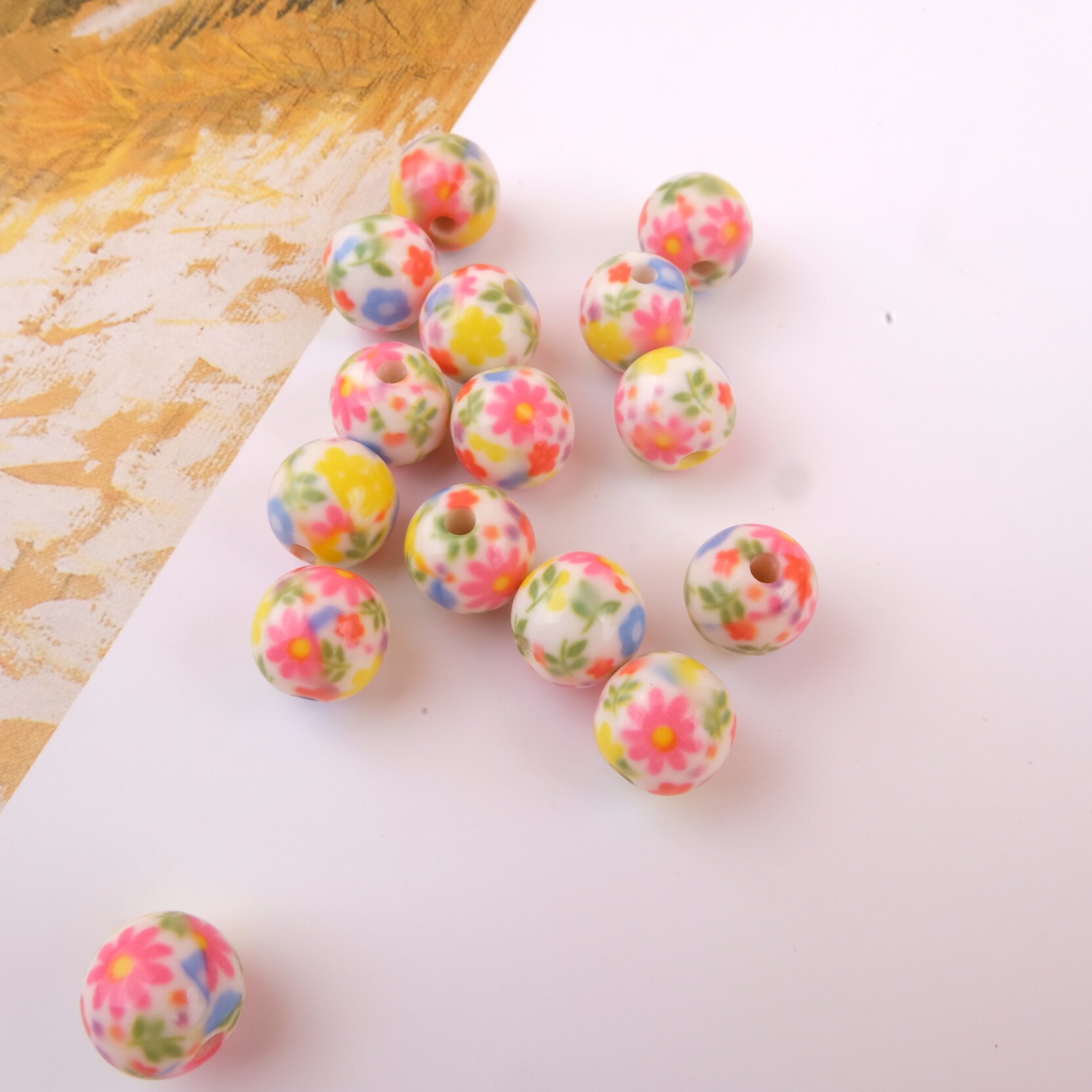 VINTAGE PRINT ACRYLIC VINTAGE SMALL FRESH COLOR BEAD EARRINGS BRACELET JEWELRY DIY 10MM STRAIGHT HOLE BEADS