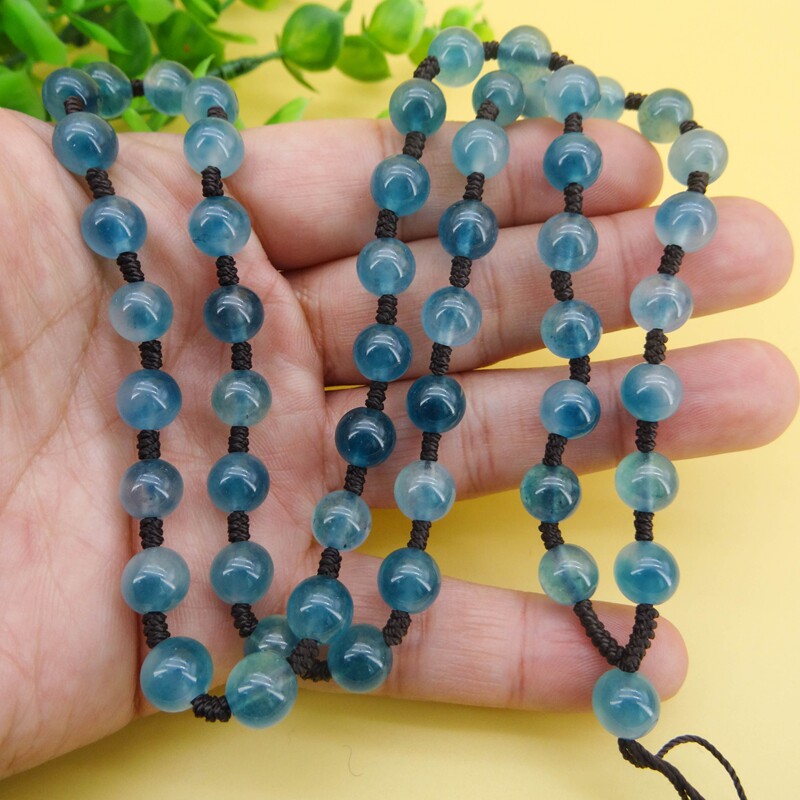 天然A货缅甸飘蓝花翡翠8MM圆珠玉石项链吊坠挂绳男女款挂脖珠链
