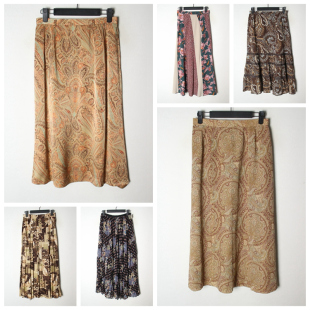 拉链腰 大花半身裙 216 女纯色碎花中长款 古着Vintage日制春夏季