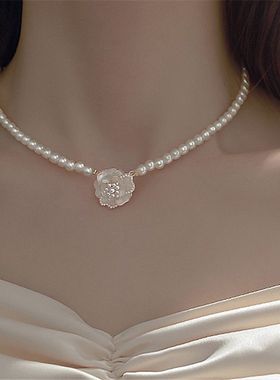 玫瑰花珍珠颈链复古小众设计感山茶花chocker项链法式仙气锁骨链