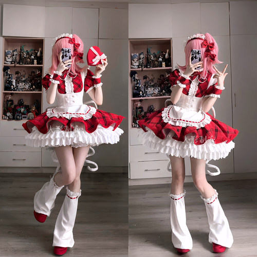 亚梦cosplay女仆装A咖红格连衣裙