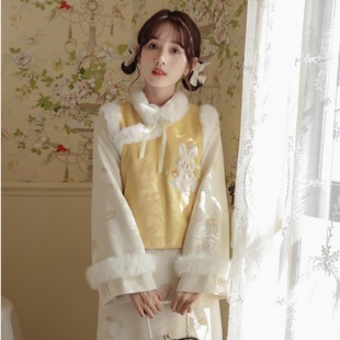 新年战袍过年旗袍拜年服女冬季中式女装中国风马甲新中式国风套装