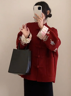 新娘敬酒服结婚订婚礼服红色伴娘服唐装女新中式女装国风毛呢外套