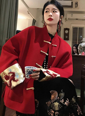 新中式上衣唐装女订婚礼服结婚回门伴娘女装国风中式红色毛呢外套