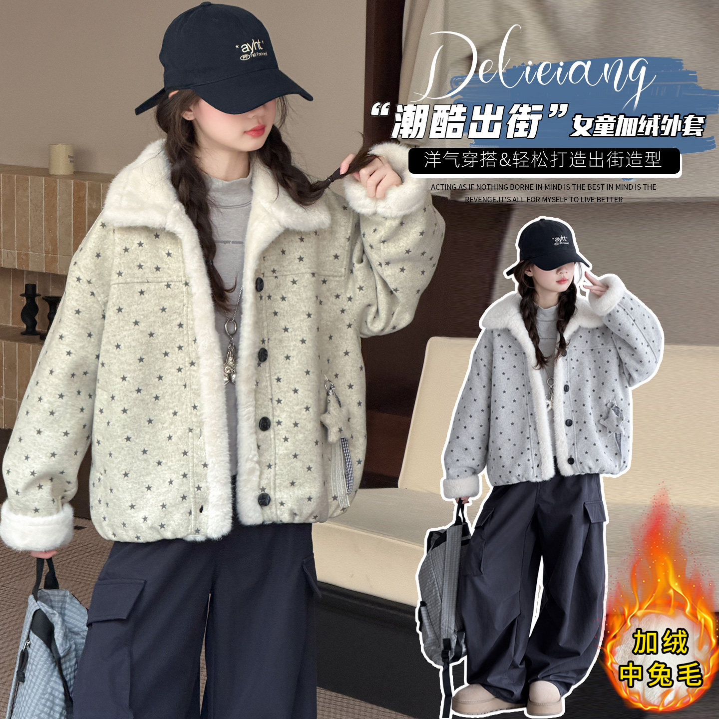 女童冬装时髦洋气五角星棉服外套中大儿童女孩立翻领加绒加厚外套