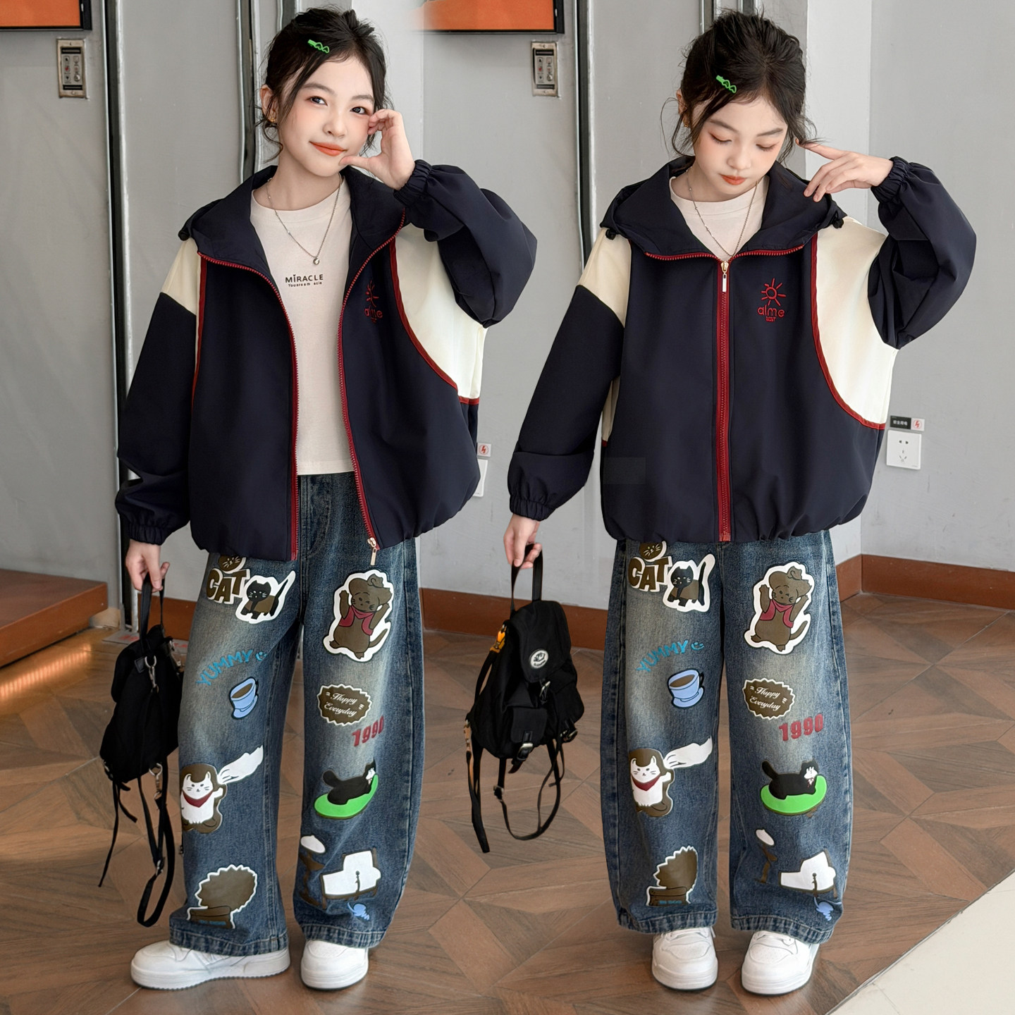 女童春秋拼色连帽冲锋衣两件套
