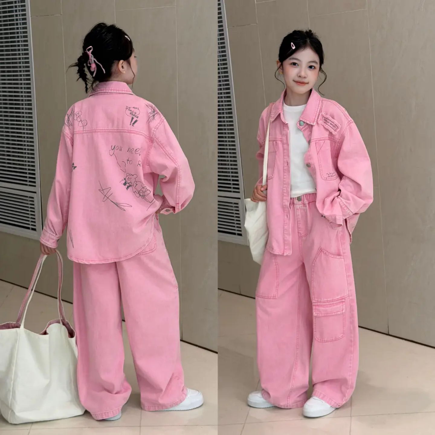 女大童春秋粉色牛仔工装两件套
