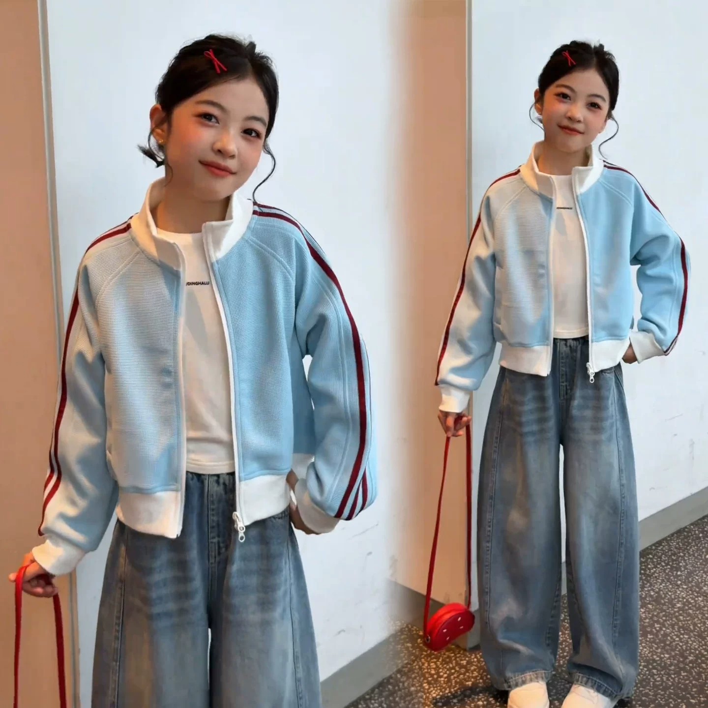 女童春秋华夫格牛仔开衫外套套装