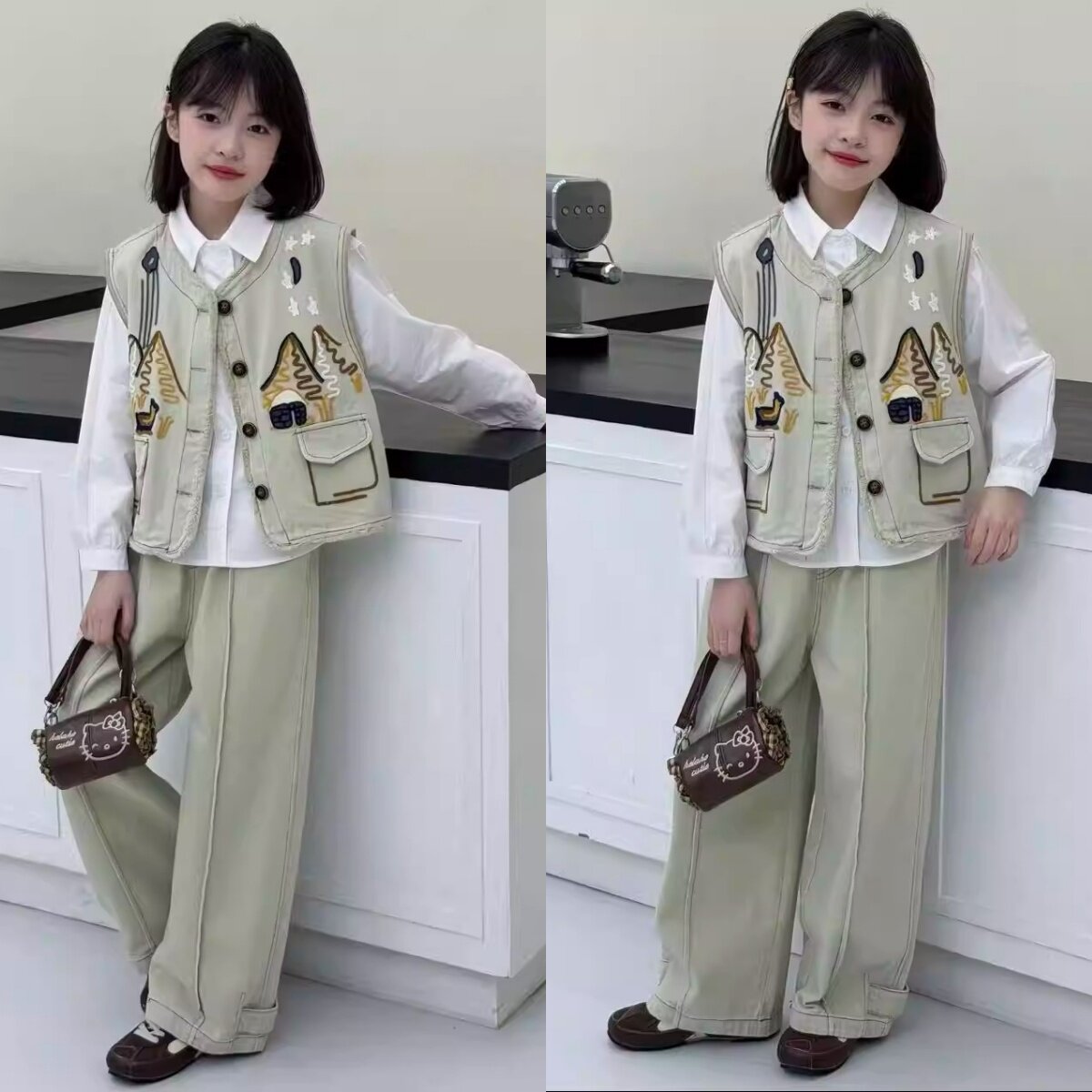 牛仔刺绣马甲衬衫阔腿裤三件套