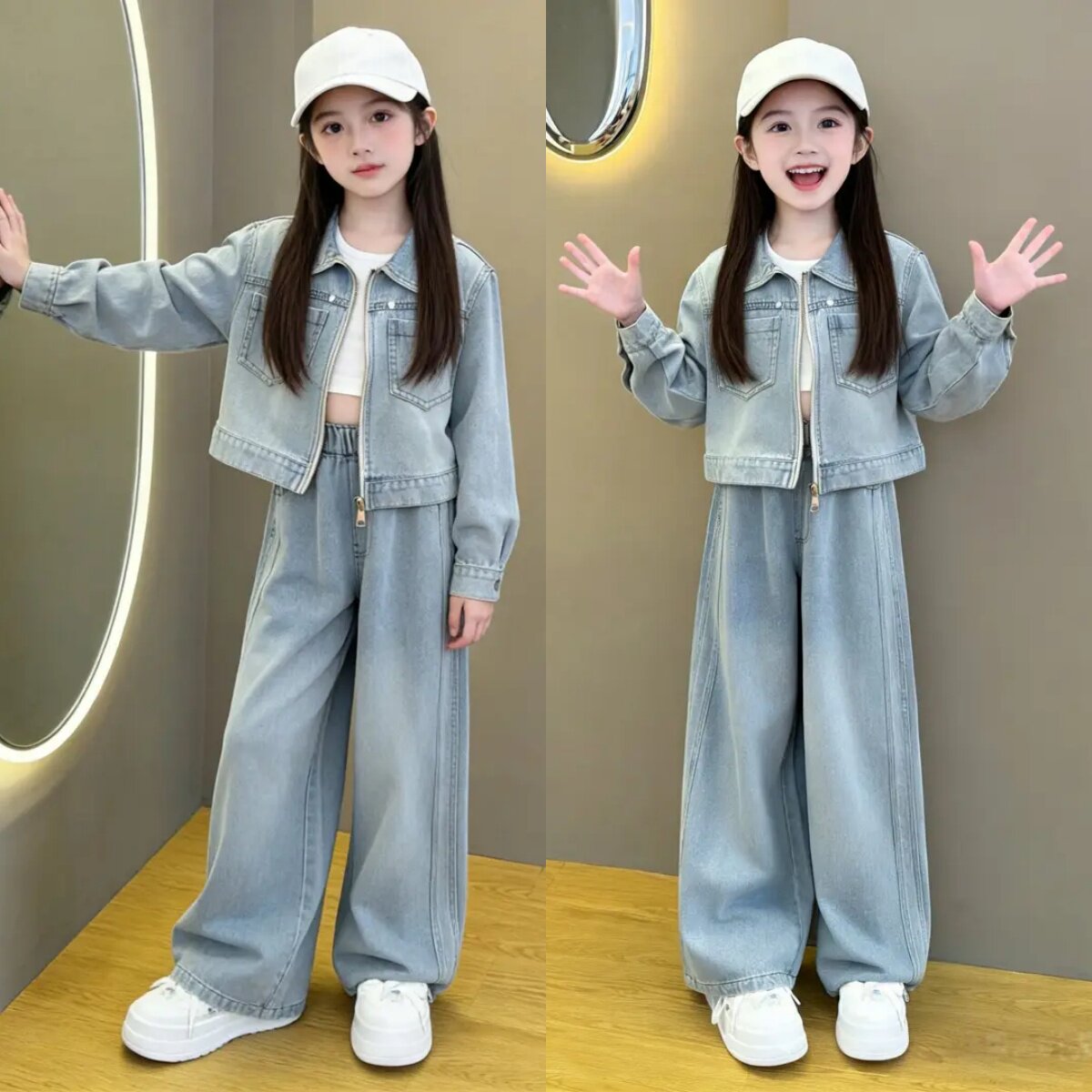 女童2026新款春秋季韩版时尚拉链牛仔外套洋气直筒牛仔裤套装潮酷