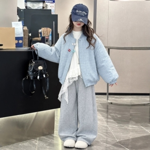 韩国女童冬季夹棉棉衣棒球服宽松保暖外套中大童休闲阔腿裤套装潮