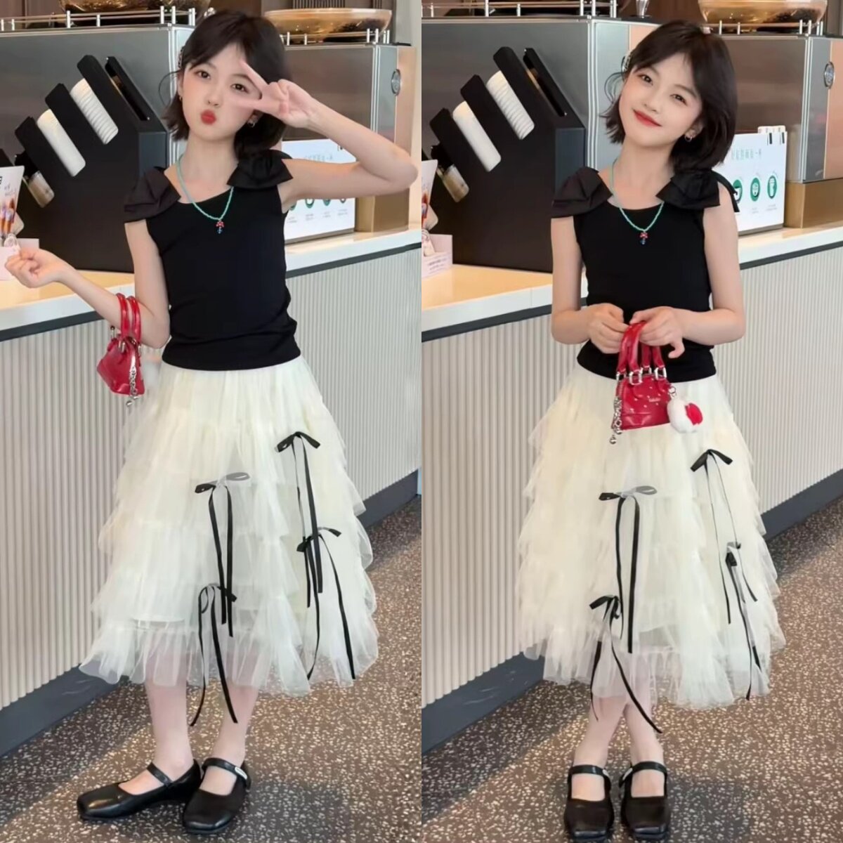 女童夏季法式氛围感甜美蝴蝶结吊带背心蛋糕网纱半身裙套装可爱潮