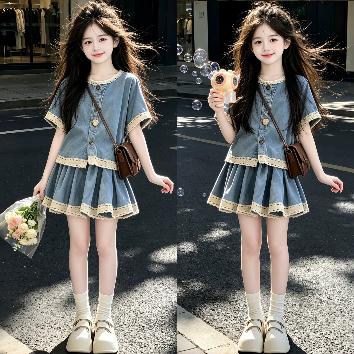 女童夏季牛仔两件套蕾丝花边短裙