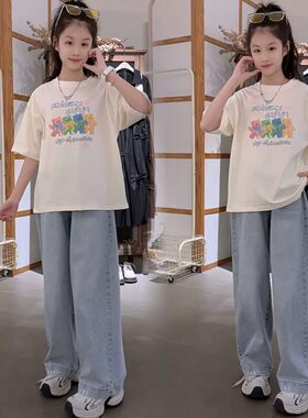 夏季卡通印花短袖牛仔裤套装